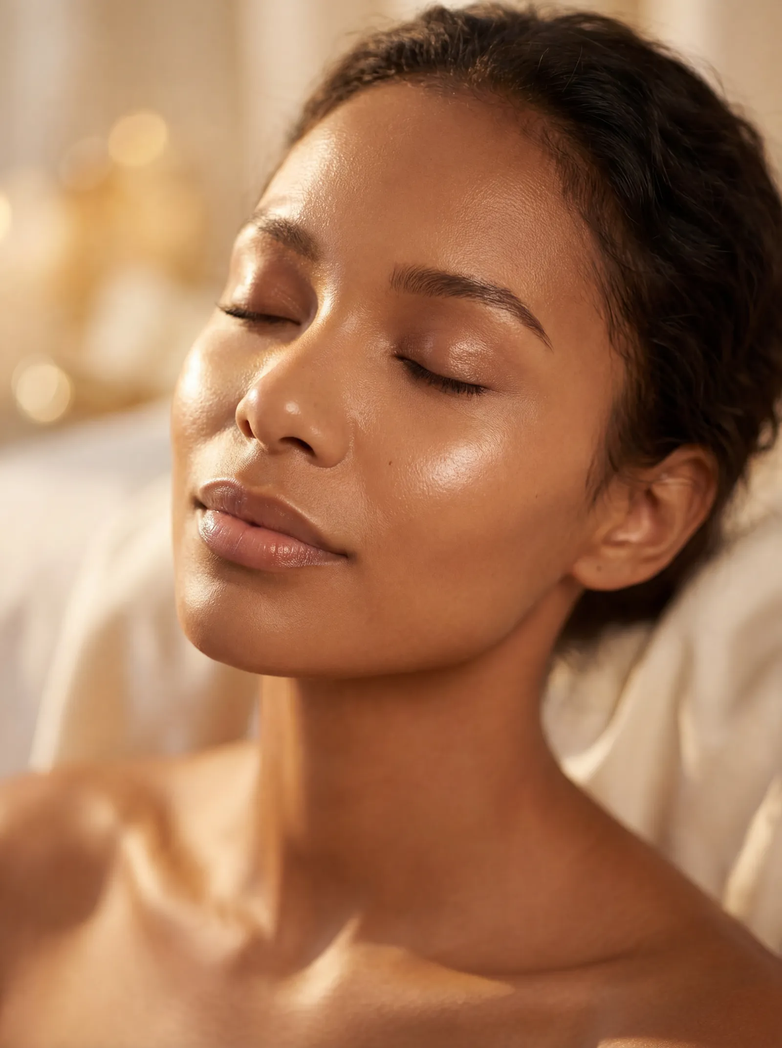 Woman with luminous, radiant skin after using Maison Van Irene Copper Peptide skincare